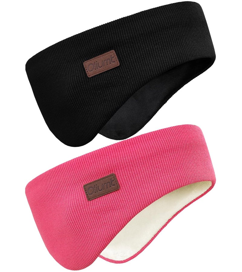 Oliumt Winter Ear Warmer Headband for Men Women Double-Layer Knit Ear Muffs Cover with Fuzzy Lining for Running and Cycling (Black, Rose Pink, One Size) - Image 1